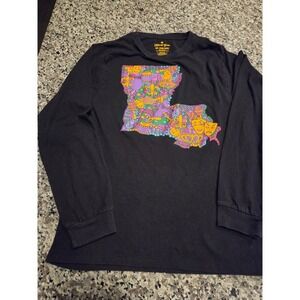 Mardi Gras Louisiana State Map Graphic Long Sleeve‎ T-Shirt Black Mens Medium
